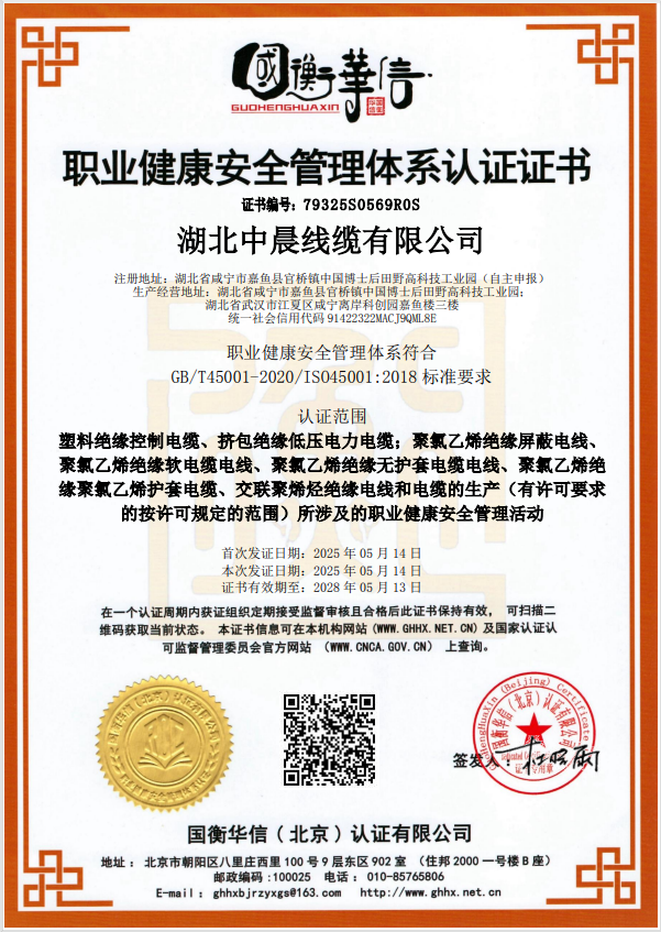 职业健康安全管理体系认证证书